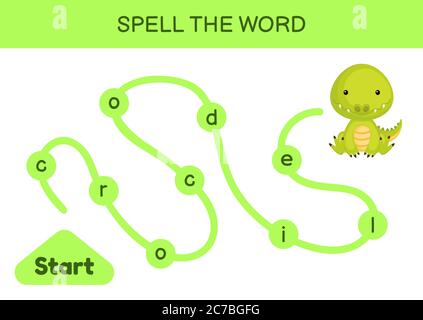 Labyrinthe pour les enfants. Modèle de jeu de mots d'orthographe. Apprenez à lire le mot crocodile, feuille de travail imprimable. Page d'activité pour l'étude en anglais. Illustration de Vecteur