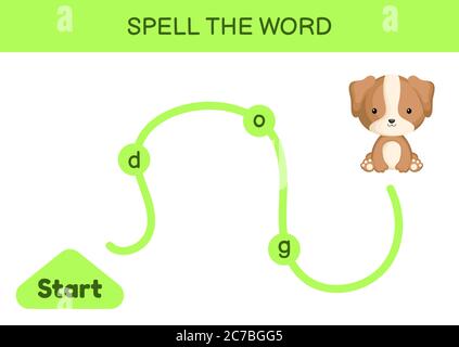 Labyrinthe pour les enfants. Modèle de jeu de mots d'orthographe. Apprenez à lire Word Dog, feuille de travail imprimable. Page d'activité pour l'étude en anglais. Illustration de Vecteur