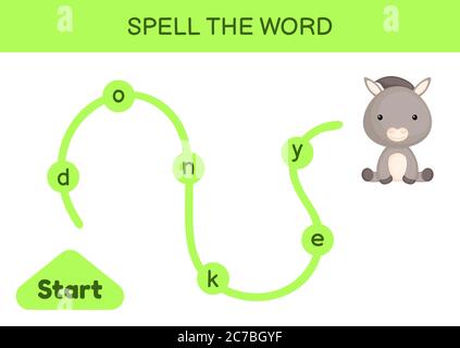 Labyrinthe pour les enfants. Modèle de jeu de mots d'orthographe. Apprenez à lire le mot âne, feuille de travail imprimable. Page d'activité pour l'étude en anglais. Illustration de Vecteur