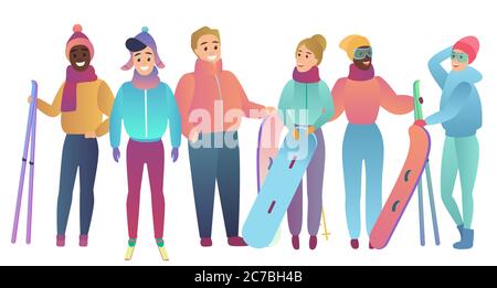 Groupe de jolis skieurs et snowboarders de dessin animé jeunes gens tendance dégradé couleur vecteur illustration Illustration de Vecteur