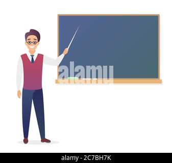 Jeune homme enseignant debout devant l'école vierge tableau noir illustration vectorielle. Adorable professeur de dessin animé dans des verres de couleur dégradé tendance Illustration de Vecteur