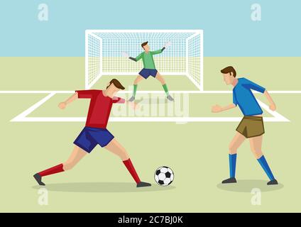 Ballon de football dribbling dans le terrain de football devant le gardien de but et le gardien de but. Illustration de dessin animé vectoriel pour les sports de football. Illustration de Vecteur