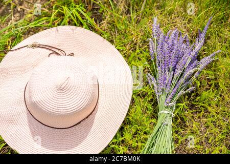 Bouquet de lavande à côté de femme chapeau dans les champs, république tchèque Banque D'Images