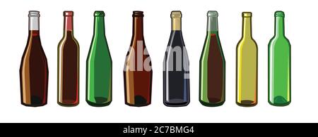 Les bouteilles. Vecteur. Bouteilles de vin de différentes couleurs dans le style plat de dessins animés. Objets isolés sur fond blanc. Seth : noir, marron et vert Illustration de Vecteur