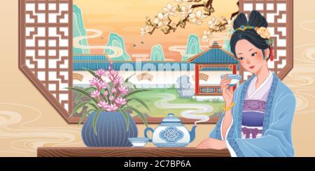 Ancienne fille chinoise assise par la fenêtre et appréciant une tasse de thé chaud, concept de détente et de style de vie sain dans le design plat Illustration de Vecteur
