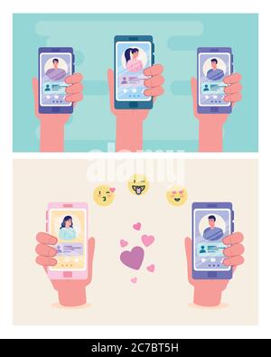 mains tenant des smartphones avec des femmes et des hommes qui discutent conception vectorielle Illustration de Vecteur