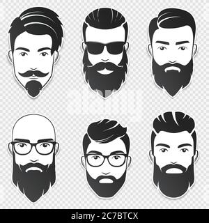 Ensemble de visages vectoriels de taille basse barbu hommes avec différentes coupes de cheveux, moustaches, barbes. Avatar, emblème, icône ou logo homme tendance. Autocollants ombres douces isolés sur l'arrière-plan transperant Illustration de Vecteur