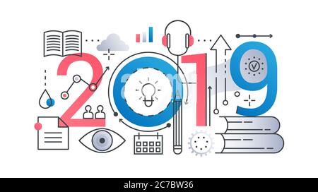 Étude éducation 2019 mots tendance composition concept bannière. Outline AVC School, univercity, connaissances, apprentissage en ligne et obtention de diplôme. Icônes à lignes plates lettrage de typographie sur fond blanc Illustration de Vecteur