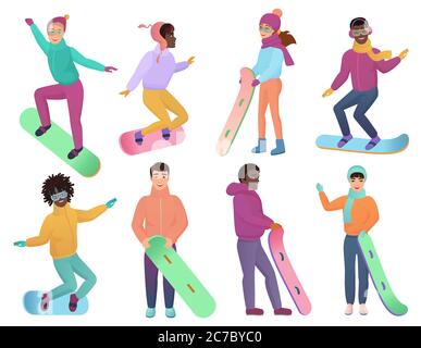 Ensemble de snowboarders vectoriels de couleur de dessin animé dégradé. Homme et femme sur les planches à neige. Activité sportive de snowboard d'hiver Illustration de Vecteur