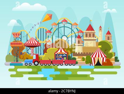 Parc d'attractions Vector concept sur fond de montagnes Illustration de Vecteur