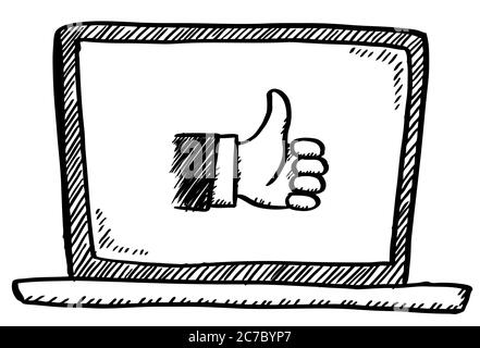 Un ordinateur portable de style dessin animé avec le pouce vers le haut. Illustration du vecteur de caniche dessiné à la main. Illustration de Vecteur