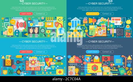 Ensemble vectoriel de concepts de cyber-sécurité plats. Service de données cloud, protection informatique et concept d'attaque de pirates informatiques avec éléments d'icônes scolaires Illustration de Vecteur