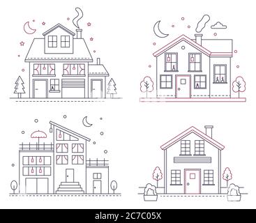 Vector Thin Line icône Suburban American maisons. Illustrations de bâtiments civils à architecture classique pour infographie, conception Web et interfaces d'applications Illustration de Vecteur