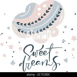 Sweet Dreams vector calligraphie lettrage texte et illustration nuage avec arc-en-ciel pour le contenu des médias sociaux ou carte de vœux pour enfants. Dessin à la main Illustration de Vecteur