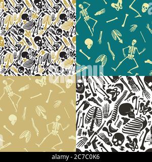 Vector multicolore squelette humain sans couture collection de motifs avec crânes et autres parties humaines divers os Illustration de Vecteur