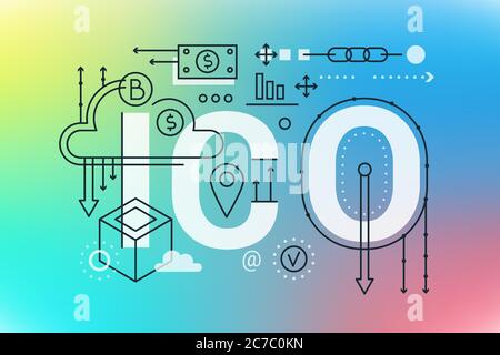 ICO mot tendance composition concept bannière. Présenter le fond de gradient tendance de l'offre initiale de pièces, les investissements de crypto, la technologie de blockchain. Icônes de ligne plate lettrage typographique Illustration de Vecteur