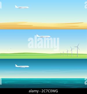 Magnifiques bannières horizontales minimalistes paysages avec des avions volant sur le terrain, la mer et le désert Illustration de Vecteur