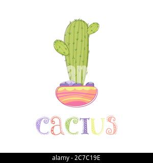 Mignon cactus mexicain dans une illustration de vecteur de pot. Peint à la main logo de cactus de plante isolé Illustration de Vecteur