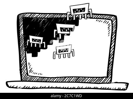 Un petit dessin animé de l'ordinateur portable infecté par un virus. Illustration vectorielle dessinée à la main. Illustration de Vecteur