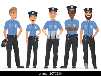 Groupe de policiers de sécurité de caricature. Femme et homme police flip personnages vectoriels Illustration de Vecteur