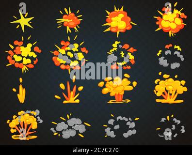 Images clés de l'animation d'explosion de dessin animé de bombe. Illustration vectorielle de vue de dessus et de face Bang Illustration de Vecteur