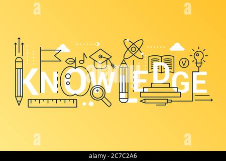 Connaissance 2019 mots tendance composition concept bannière. Décrire la science des AVC, l'école, l'université et l'éducation en ligne. Icônes de ligne plate lettrage typographique Illustration de Vecteur
