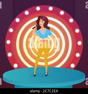 Femme chanteuse star chantant pop chanson avec microphone debout sur la scène moderne de cercle avec des lampes illustration vectorielle Illustration de Vecteur