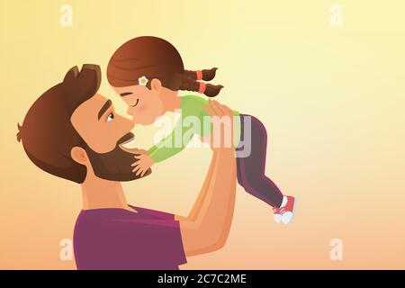 Mignon petite fille enfant embrasse son heureux père dessin animé illustration vectorielle Illustration de Vecteur