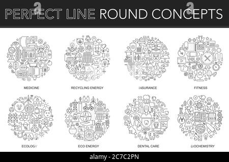 Aperçu du concept de médecine, recyclage de l'énergie, assurance, fitness, écologie, énergie écologique, soins dentaires, biochimie. Jeu d'icônes vectorielles à traits fins pour la couverture, l'emblème, le badge, les prospectus et les affiches Illustration de Vecteur