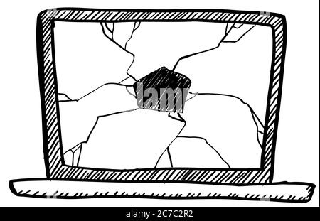 Un ordinateur portable de style dessin animé avec un écran cassé. Illustration vectorielle dessinée à la main. Illustration de Vecteur