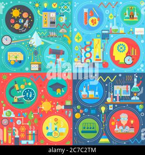 Jeu de concepts carrés de sciences fondamentales, physique, chimie, biologie conception de vecteur plat Illustration de Vecteur