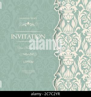 Carte d'invitation ou de mariage vintage avec fond damassé et éléments floraux élégants Illustration de Vecteur