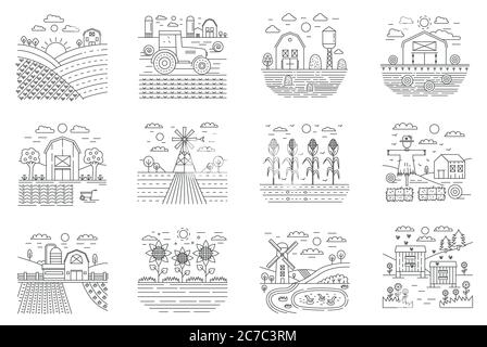 Les icônes de la ligne de concept des champs agricoles et agricoles définissent l'illustration vectorielle Illustration de Vecteur