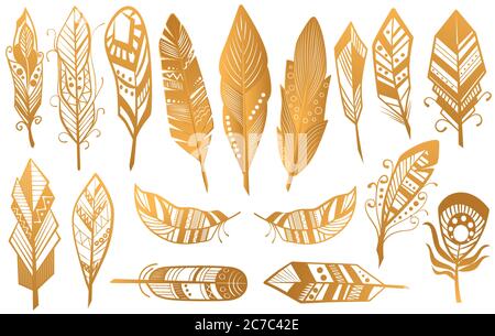 Ensemble de plumes tribales Golden Luxury. Collection ethnique de boho d'or isolée Illustration de Vecteur