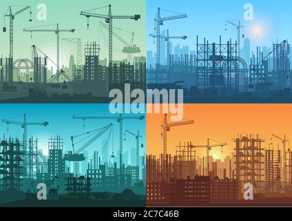 Lever du matin, coucher de soleil constructions ensemble de fond. Processus de construction industrielle en construction Illustration de Vecteur