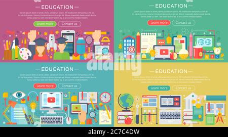 Collection vectorielle de concepts de conception d'éducation à plat. Concept de retour à l'école avec des éléments d'icônes d'école Illustration de Vecteur