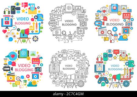 Vidéo en ligne blog conception lie, plat, ligne ronde concepts ensemble avec médias blogger icônes isolées Illustration de Vecteur