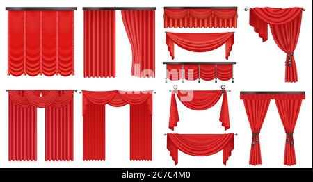 Luxe réaliste rouge soie rouge écarlate, coûteux rideaux draperies ensemble isolé illustration vectorielle Illustration de Vecteur