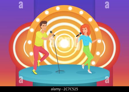 Couple, homme et femme chanteurs chantant des chansons de karaoké debout sur le cercle illustration de vecteur de scène moderne Illustration de Vecteur