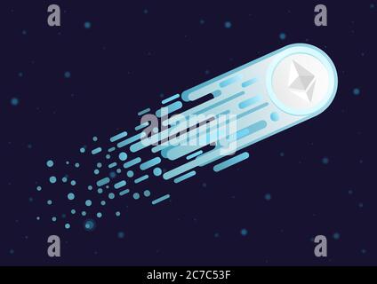 Comète avec le symbole crypto éthéré volant dans l'espace ouvert. Illustration vectorielle de la montée du marché des crypto-monnaies Illustration de Vecteur