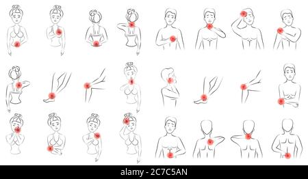 Illustration vectorielle de l'ensemble de douleur homme et femme. Line hommes et femmes personnes se sentent la douleur dans différentes parties du corps Illustration de Vecteur