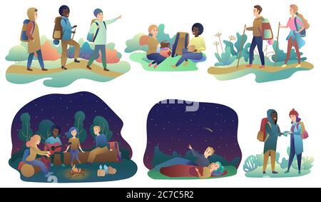 Jeunes couples romantiques et groupes d'amis randonnée aventure voyage ou camping. Homme et femme marchant, se reposant, allongé dans un hamac, jouant de la guitare, parlant dégradé dessin animé illustration vectorielle Illustration de Vecteur