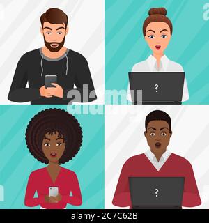 Portrait vectoriel de jeune homme et jolie femme surpris avec téléphone mobile Illustration de Vecteur