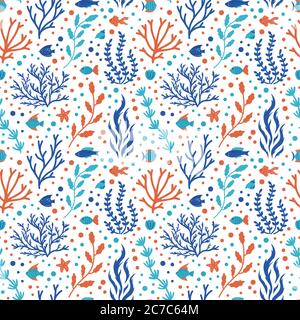 Motif corail océan. Motif de caniche sous-marin sans couture, flore marine des récifs tropicaux, coraux et coquillages illustration d'arrière-plan vectorielle Illustration de Vecteur