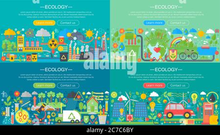 Écologie, technologie verte, recycler et sauver la planète horisontal concept plat design bannières horizontales ensemble Illustration de Vecteur