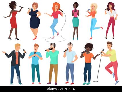 Les chanteurs de dessins animés vectoriels avec microphones et musiciens sont isolés. Des personnes chantant des chansons Illustration de Vecteur