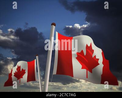 Drapeau du Canada (petit et grand), nuages sombres en arrière-plan, illustration 3D Banque D'Images