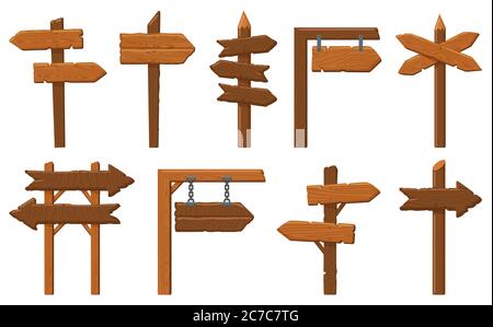 Panneaux de direction du bois. Panneau de signalisation en bois, panneau de signalisation de direction vide vintage, panneau de signalisation de direction de vieux panneaux cadre isolé vecteur jeu d'illustrations Illustration de Vecteur