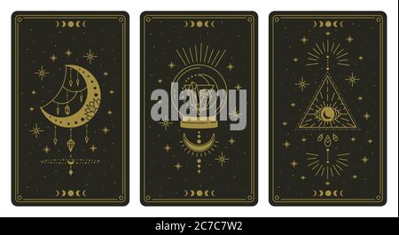 Cartes tarot magiques. Cartes de tarot occulte magique, boho ésotérique, lecteur de tarot spirituel, lune, cristal et magie, symboles d'oeil scénario ensemble Illustration de Vecteur