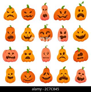 Citrouilles d'halloween crépeuses. Caricature orange citrouille traditionnelle décoration de vacances, effrayant, effrayant visage Pumpkins vecteur d'illustration icônes ensemble Illustration de Vecteur